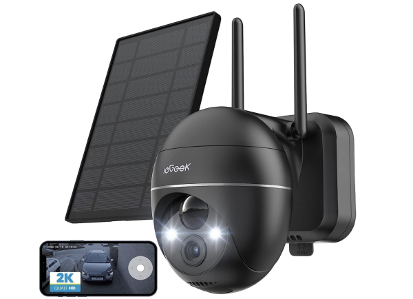 Security Cameras Wireless Outdoor, 2K Solar Security Camera System 360° PTZ with Spotlight & Siren, ieGeek 2.4Ghz Outdoor Security Cameras,Color Night Vision, Work with Alexa, PIR, 2-Way Talk, IP65